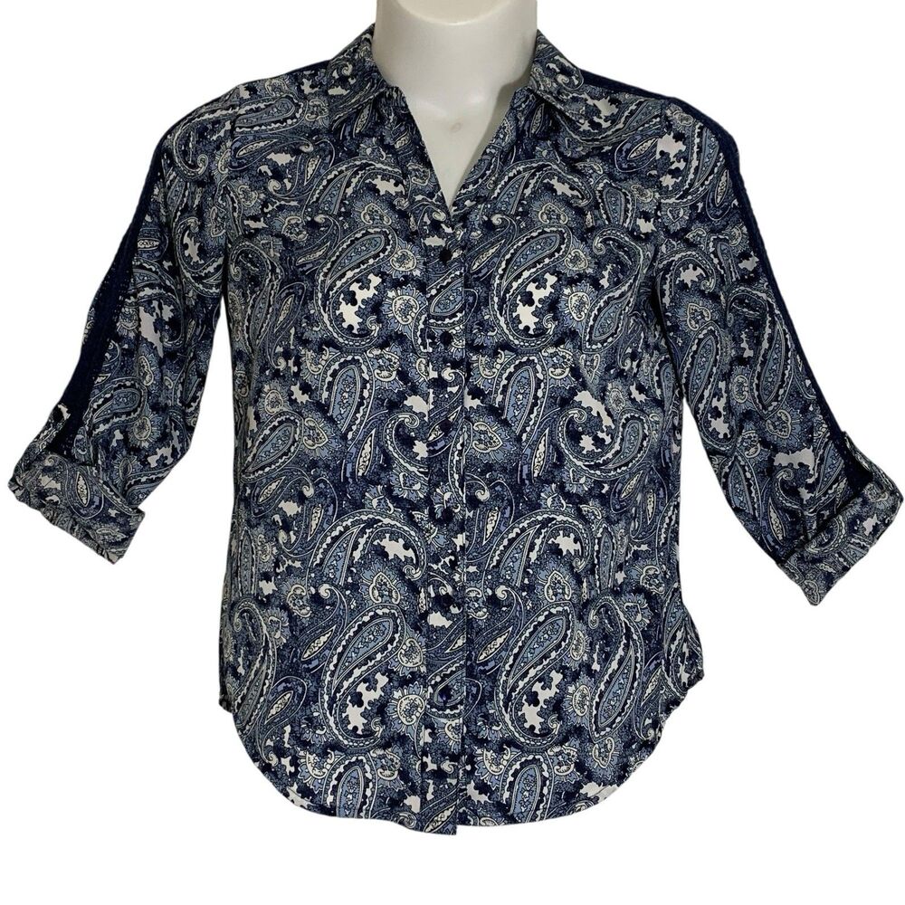 Westport 1962 Blouse Womens Medium Blue White Paisley Roll-Tab Sleeve